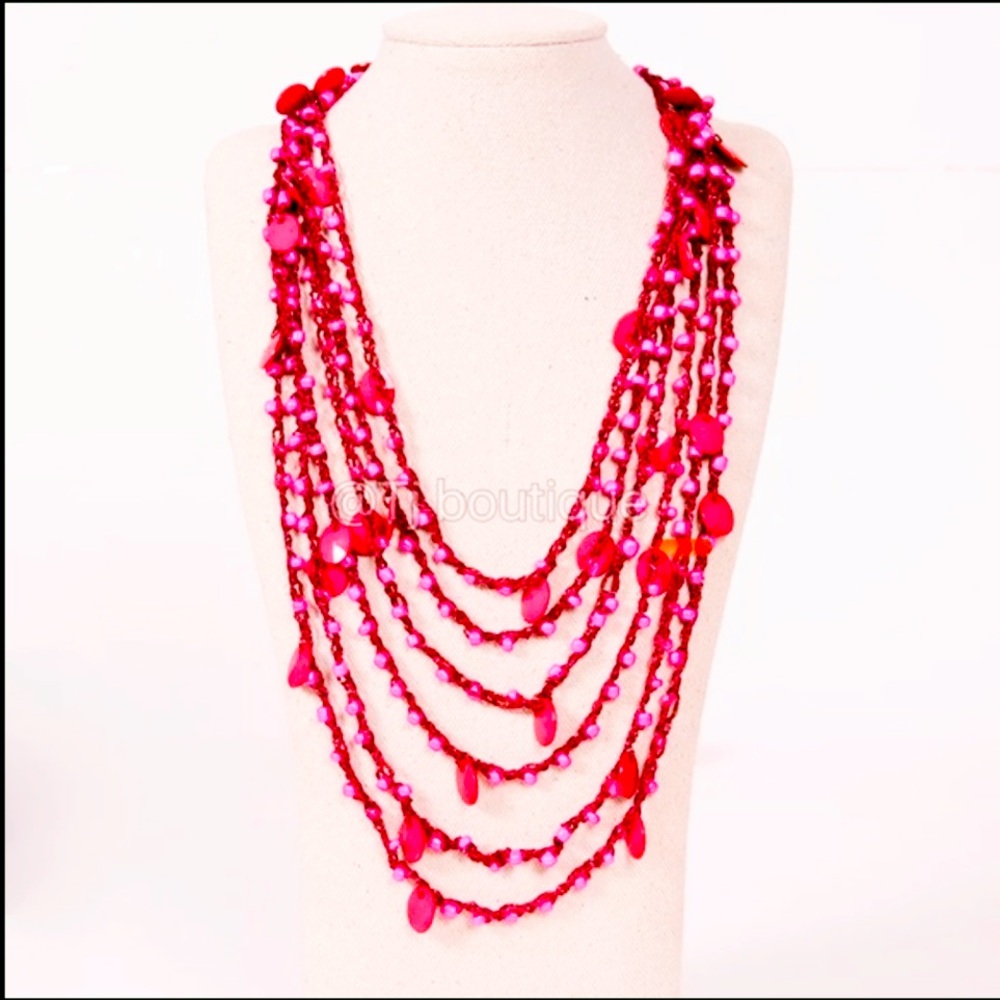 💞New Red beaded multilayer strings necklace - Party